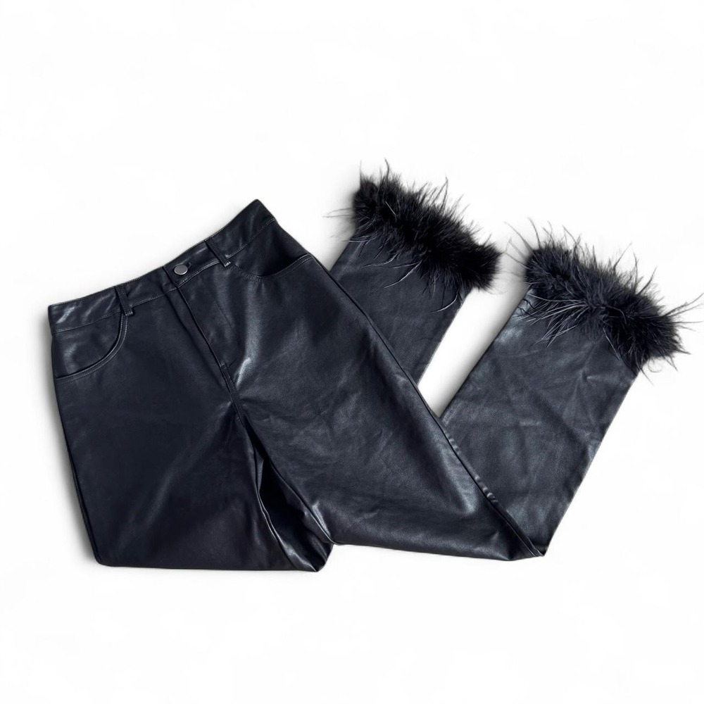 Black Faux Leather Pants with Feather Trim